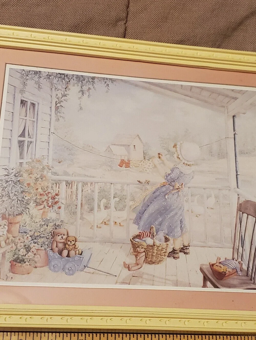 Vintage Laforet Framed Picture of Little Girl Hanging Doll Clothes Home Interior